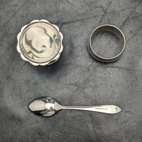 British vintage silver plate egg stand & napkin ring & spoon set boxed
